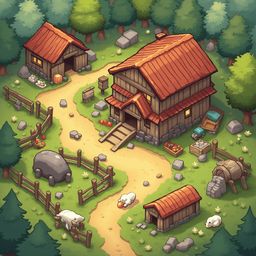 A rustic village scene features a red-roofed wooden house, farm animals, trees, rocks, and baskets, set against a lush green backdrop.