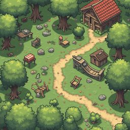 A rustic village scene features a red-roofed wooden cabin, tables, chairs, and a wooden bridge, surrounded by trees and rocks.