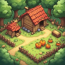 A rustic wooden cabin with a red tiled roof, porch, and firewood bin is surrounded by a small garden and wooden fence, with three orange pumpkins in the foreground.