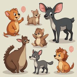 Seven cartoon animals, including kangaroos, dogs, a cat, a lioness, and a wolf, are depicted in various poses and colors.