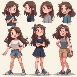 Seven cartoon girls with brown hair and diverse outfits, displaying various poses and expressions.