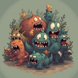 Seven colorful creatures, including a bear, bird, fish, frog, octopus, and squid, interact in a lively scene amidst green foliage.