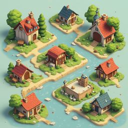 Seven colorful houses with red roofs and trees populate isles in a calm blue body of water, creating a picturesque village scene.
