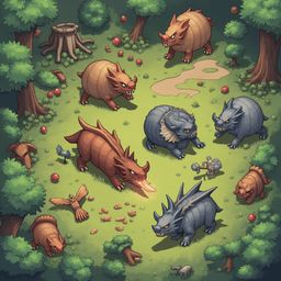 Seven dragons of varying sizes and colors roam a lush forest, engaging in different activities amidst trees and rocks.