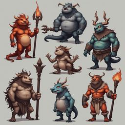Seven fantastical creatures, each with unique features and weapons, stand against a light gray backdrop.