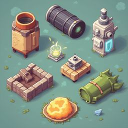 Seven futuristic-looking objects, including a cylindrical container, barrel, box, lantern, platform, cylindrical container with blue light, and green cylinder with spikes, are arranged on a blue-green field.