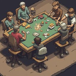 Seven individuals gather around a green table, engaged in a board game with game pieces, cards, and a lit fire.