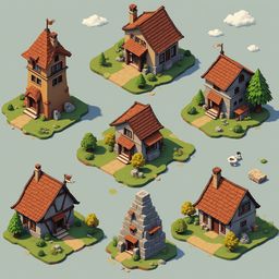 Seven isometric houses with red roofs, gray walls, and green lawns are arranged in a grid on a light blue background.