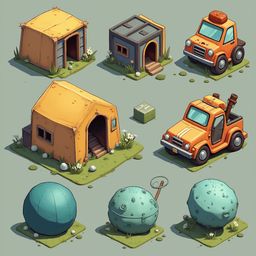 Seven isometric illustrations showcase a collection of buildings, a truck, a car, a house, a sphere, and flowers on green bases.