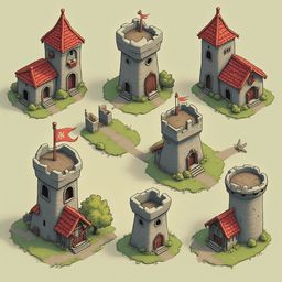 Seven medieval-style buildings, including towers, houses, and churches, are arranged in a grid on grassy terrain, featuring red roofs and gray walls.