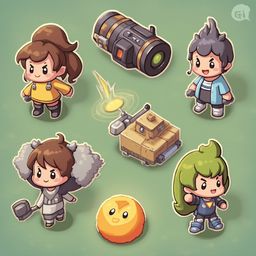 Seven stylized characters, including a girl in yellow, a man in blue, a tank, a girl in gray, a bird, and an orange ball, are arranged on a green background.