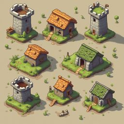 Seven unique buildings, including a castle, house, shed, and treehouse, are arranged on a grassy terrain with scattered rocks.