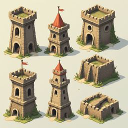 Seven unique castle structures, varying in design, are arranged against a light gray backdrop, featuring red-roofed towers, green-roofed walls, and red flags.