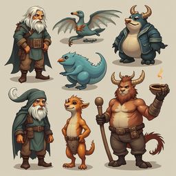 Seven unique creatures, including a bearded man, a green dragon, a blue bird, a brown ox, a reddish-orange fox, and a blue dragon, stand together.