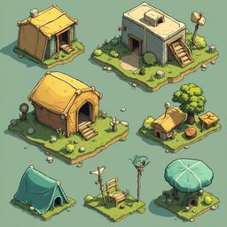 Seven whimsical buildings, including a tent, cabin, house, shop, and garden, are arranged on a grassy isle against a light blue backdrop.