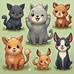 Six adorable cartoon animals, including a gray cat, orange cat, brown dog, tan dog, black dog, and white dog, are arranged on a light green background.