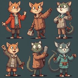 Six cartoon cats in various outfits and poses, displaying diverse expressions and actions.