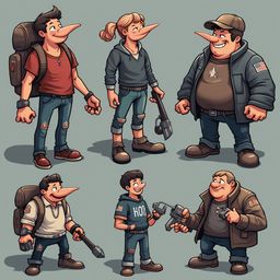 Six cartoon characters, each unique in appearance and attire, stand against a light blue backdrop, displaying diverse expressions and accessories.