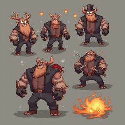 Six cartoon characters with horned heads, brown beards, and varied outfits stand and interact against an orange background.