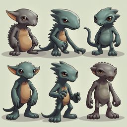 Six cartoon creatures with varying sizes, colors, and poses are arranged in two rows against a light green backdrop.