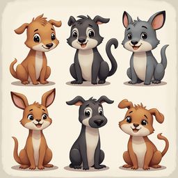Six cartoon dogs in various colors and poses are arranged in two rows against a light beige background.