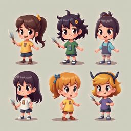 Six cartoon girls, each with unique hair and clothing, hold spears in various poses against a light gray background.