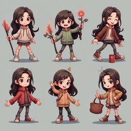 Six cartoon girls in casual outfits hold flowers, handbags, and cups, displaying various poses and expressions.