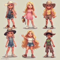 Six cartoon girls in various outfits and accessories, including hats, dresses, sandals, and handbags, stand against a light beige background.
