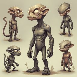 Six cartoon-style alien creatures in various poses and colors, displaying diverse expressions and postures.