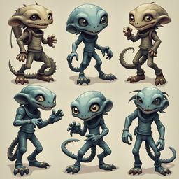 Six cartoon-style creatures with blue bodies, green accents, and pointed ears are posed against a beige backdrop, displaying various expressions and actions.