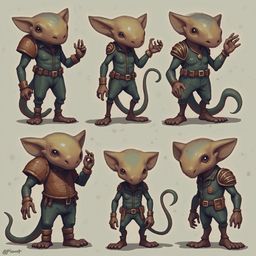 Six cartoon-style rodents, dressed in green and orange, interact in various poses against a beige background.