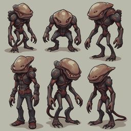 Six cartoonish creatures with elongated bodies, red eyes, and sharp teeth stand in various poses against a light beige backdrop.