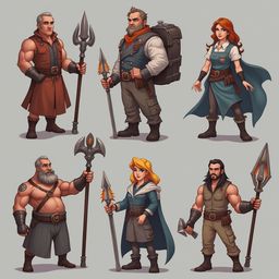 Six characters, each with unique weapons and attire, stand in a two-by-three grid, ready for battle against a plain gray backdrop.