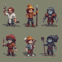 Six colorful cartoon characters, each with unique attire and weapons, stand against a muted gray backdrop.