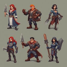 Six colorful characters, each with unique weapons and attire, stand against a muted gray backdrop, ready for battle.