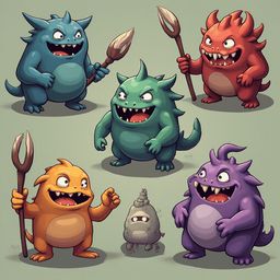 Six colorful monsters, each with unique features and weapons, stand against a light green backdrop.