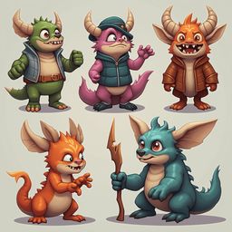 Six colorful monsters, each with unique features and attire, stand against a light gray background.