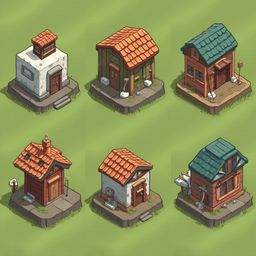Six colorful, uniquely designed houses are arranged on a grassy expanse, each with distinct features and colors.