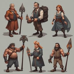 Six diverse characters, each with unique attire and weapons, stand against a light gray backdrop.
