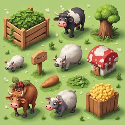 Six farm animals, including cows, a sheep, a pig, a chicken, and a horse, graze and interact in a lush green field with a tree, sign, mushroom house, and fruit basket.