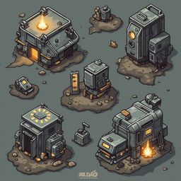 Six futuristic buildings, varying in size and design, populate a barren isometric landscape with scattered debris and a central campfire.