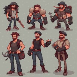 Six male cartoon characters, each with unique attire and weapons, stand against a light green backdrop.