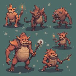 Six orange, furry creatures with spiky manes and tails, each holding a glowing staff, are depicted in a grid against a green backdrop.