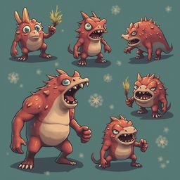 Six orange monsters with spiky backs, horns, and teeth are depicted in various poses against a teal background with snowflakes.