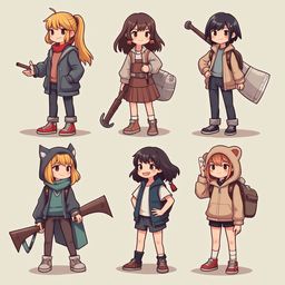 Six stylized anime girls, each with unique outfits and props, stand in a two-by-three grid against a light beige background.