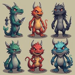 Six stylized creatures, each with unique colors and poses, are arranged in two rows against a light beige backdrop.