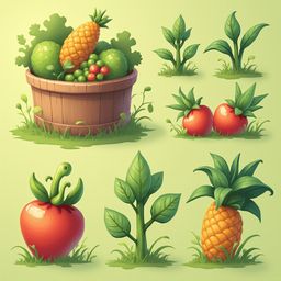 Six stylized illustrations showcase fruits and vegetables: a pineapple, grapes, tomatoes, cucumbers, a tomato with a snake, and a pineapple.