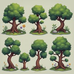 Six stylized trees with green canopies and brown trunks are arranged in two rows, each with small flowers and rocks at its base.