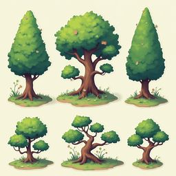 Six stylized trees with green foliage and pink flowers are arranged on a patch of grass against a light yellow backdrop.