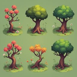Six stylized trees with unique foliage and flowers are arranged against a light green backdrop.